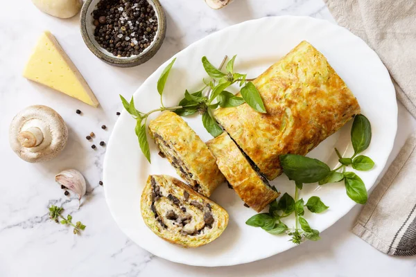 Vegetarian Delicious Food Zucchini Roll Roulade Cheese Mushrooms Marble Tabletop — Stock Photo, Image