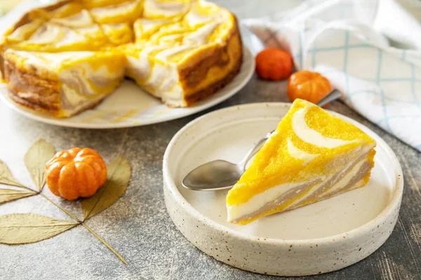 Healthy Autumn Dessert Breakfast Pumpkin Cottage Cheese Casserole Pie Zebra — Stock Photo, Image