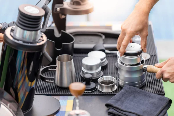 Coffee Barista Making Hot Coffee Many Types Equipment Table Serving — Stock fotografie