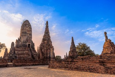 Historical ancient art and Architecture at Wat Chaiwattanaram old temple in Ayutthaya province the famous place in Thailand with a beautiful sunset sky