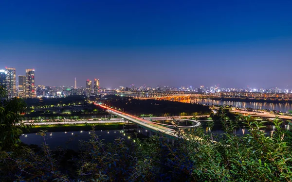 Nachtaufnahme Der Stadt Seoul Südkorea Mit Moderner Architektur Und Licht — Stockfoto