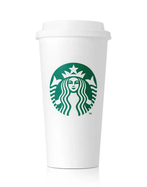 stock image Bangkok, Thailand - April 17, 2024 : White of tall Starbucks coffee cup with green mermaid logos and lids, reflecting the brand's iconic takeaway design.