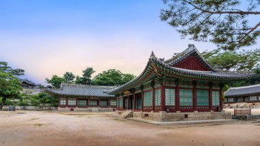 Seul, Güney Kore - 6 Ağustos 2023: Changgyeonggung Sarayı 'nın etrafındaki Pavilion, süslü ve karmaşık mimarisi olan geleneksel bir Kore ahşap binası..