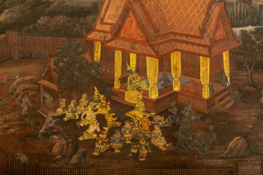 Bangkok, Tayland-23 Şubat 2025: Wat Phra Kaew 'deki duvar resmi, geleneksel Tayland sanatsal tarzında Ramakien veya Ramayana destanını betimliyor