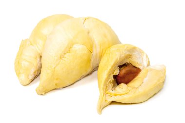 Mon thong durian posası görünür tohum ile popüler bir Tayland tropikal meyvesi kremsi dokusuyla ve beyaz arka planda izole edilmiş güçlü aromasıyla bilinir.