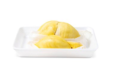 Mon Thong Durian, beyaz arka planda izole edilmiş köpük tepside servis edilen eşsiz aroması ve tadı ile bilinen ünlü bir Tayland meyvesidir.