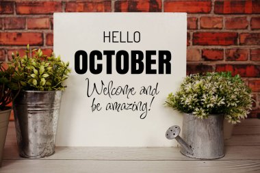 Merhaba Ekim mesajı. Metal vazo dekorasyonunda yapay bitki var.