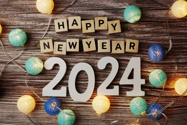 Feliz Año Nuevo 2024 Decorar Con Bola Algodón Led Sobre — Foto de Stock