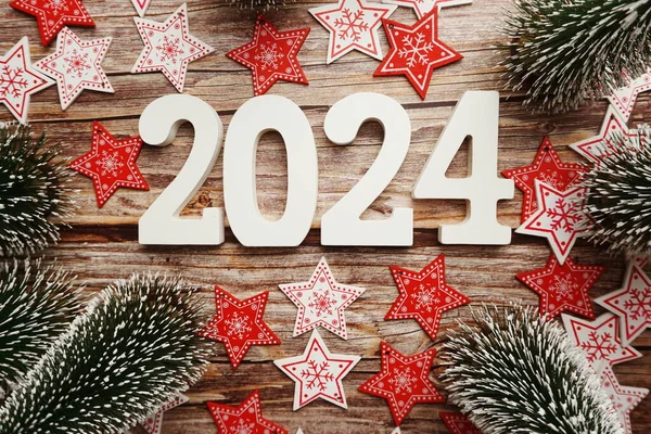 2024 Gott Nytt Och Jul Dekoration Trä Bakgrund — Stockfoto