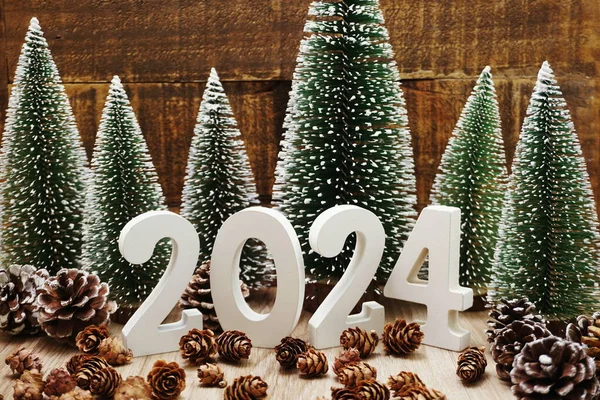 Gelukkig Nieuwjaar 2024 Feestelijke Achtergrond Met Kerstboom Dennenappel Decoratie Houten — Stockfoto
