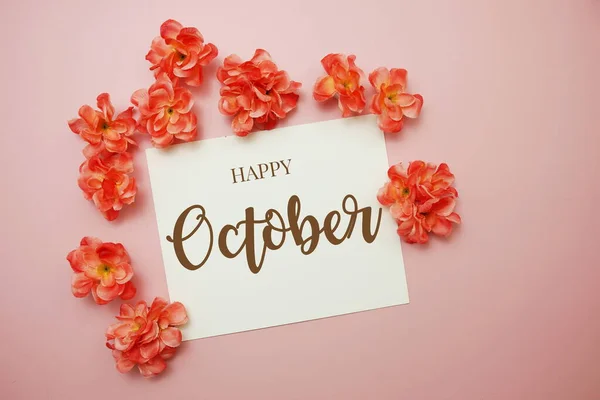 Boldog Októberi Kártya Tipográfia Szöveg Virágcsokor Rózsaszín Háttér — Stock Fotó