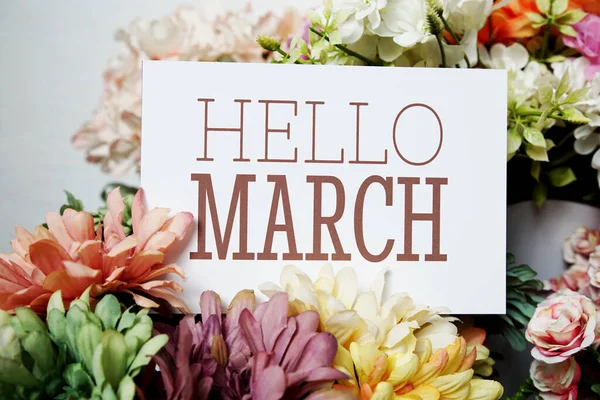 Hello March Text Message Paper Card Beautiful Flowers Decoration — Stock Photo, Image