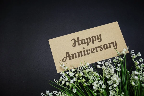 Happy Anniversary Text Message Flower Decoration Black Background — Stock Photo, Image