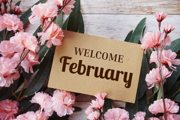 Welcome February Text Message Flower Decoration Wooden Background — Stock Photo, Image