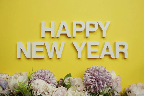 Happy New Year Alphabet Letters Flower Frame Yellow Background — Foto de Stock