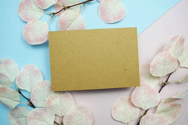 stock image Empty invitation card mockup with pink eucalyptus leaves on pink and blue background