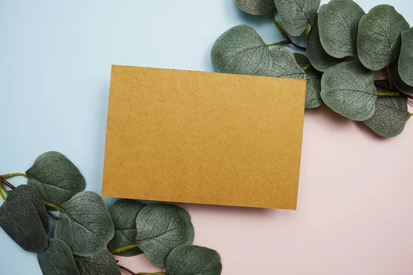 stock image Empty invitation card mockup with green eucalyptus leaves on pink and blue background