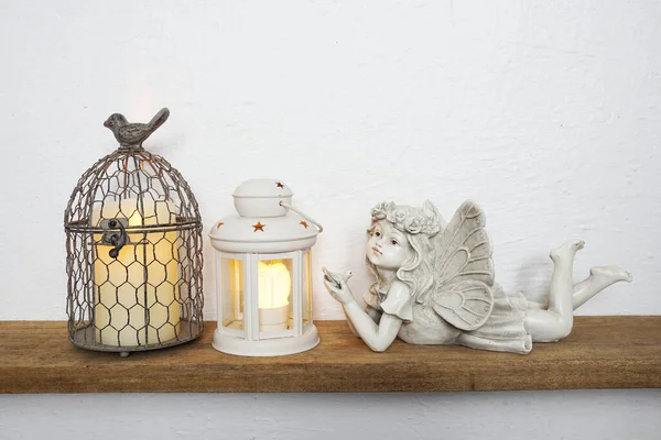White Lantern Fairy Statue Home Decoration Accessories Wooden Shelves — Fotografia de Stock