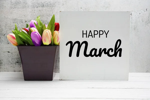 Happy March Text Message Flower Bouquet Wooden Background — Stock Photo, Image