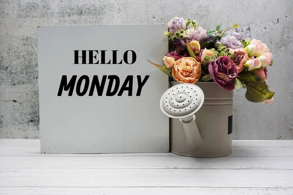 Hello Monday Text Message Flower Bouquet Wooden Background — Stock Photo, Image