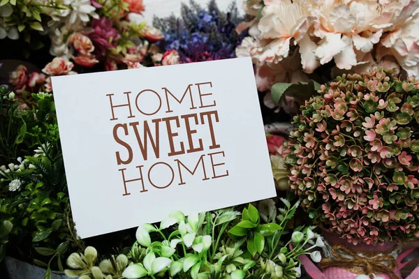 Home Sweet Home Mensaje Texto Tarjeta Papel Con Hermosa Decoración — Foto de Stock