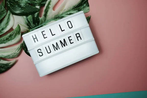 Hello Summer Word Lightbox Monstera Leaves Pink Background — 스톡 사진