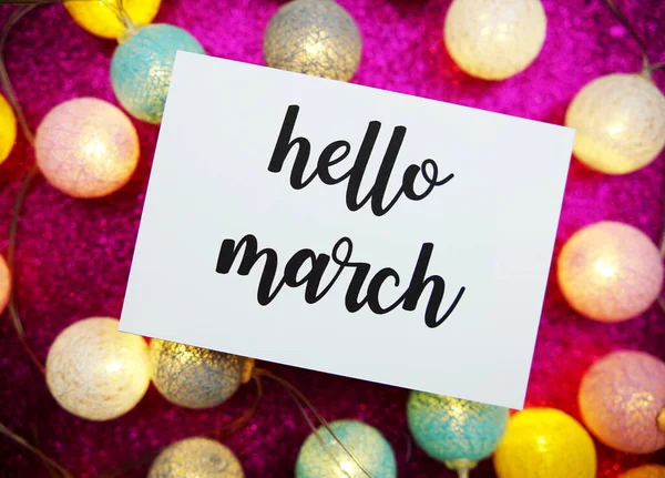 Hello March Text Paper Card Top View Pink Bokeh Background — Stock Photo, Image