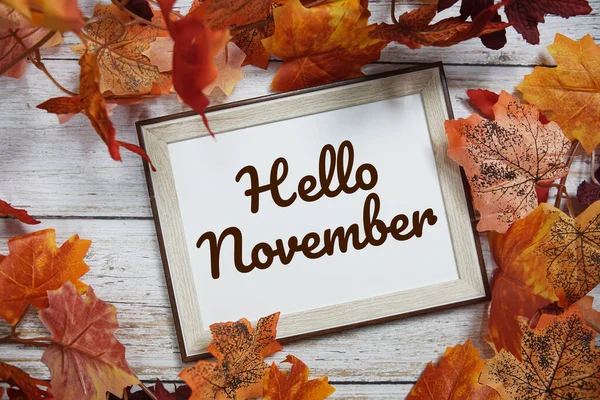 Hello November Text Message Top View Maple Leaf Decoration Wooden — Stock Photo, Image