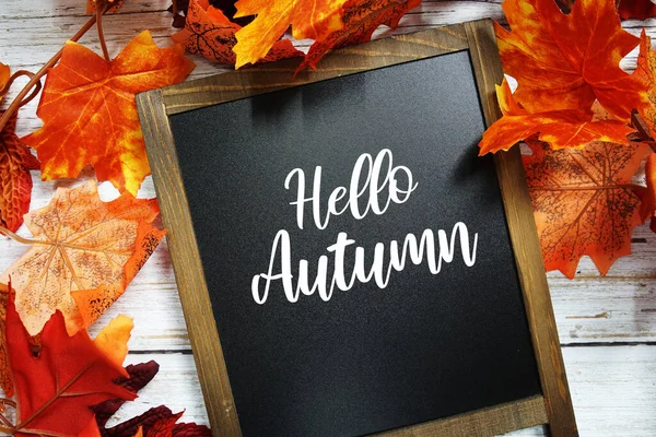 Hello Autumn Text Message Blackboard Maple Leaf Decoration Wooden Background — Stock Photo, Image