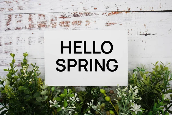 Ciao Messaggio Testo Primavera Con Foglia Verde Sfondo Legno — Foto Stock