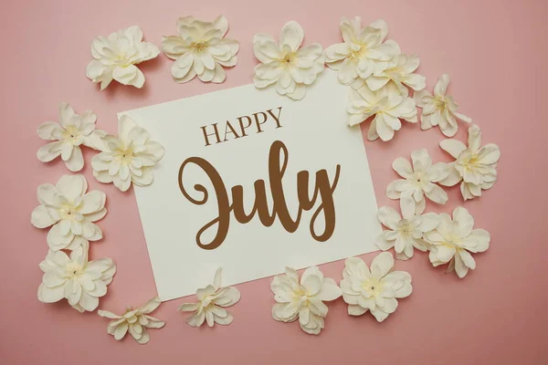 Happy July Card Typography Text Flower Bouquet Pink Background — Stock Photo, Image