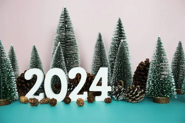 Feliz Ano Novo 2024 Letras Alfabeto Com Decoração Árvore Natal — Fotografia de Stock
