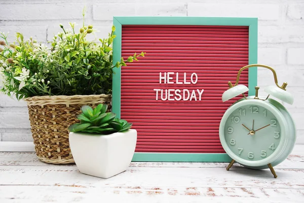 stock image Hello Tuesday text on Letter Board with alarm clcok and artificial plant decoration