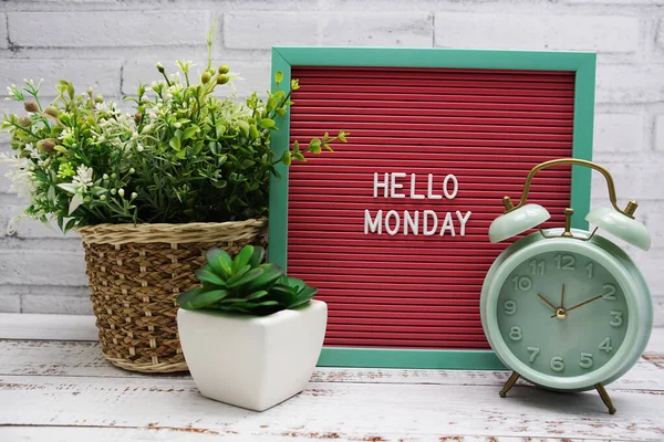 Hello Monday Text Letter Board Alarm Clcok Artificial Plant Decoration — Stock Photo, Image