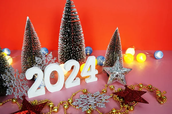 Frohes Neues Jahr 2024 Feiertagsfeier Mit Weihnachtsdekoration Hintergrund — Stockfoto