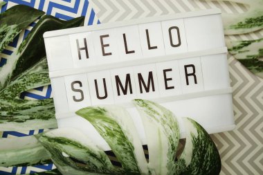 Hello Summer word in lightbox with Monstera Leaves decoration