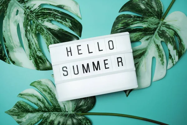 Hello Summer Word Lightbox Monstera Leaves Blue Background — Stockfoto