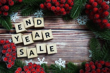 Yıl sonu alfabesi harfleri, kırmızı böğürtlen ve ahşap arka planda yeşil dallar.