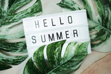 Hello Summer word in lightbox with Monstera Leaves on marble background