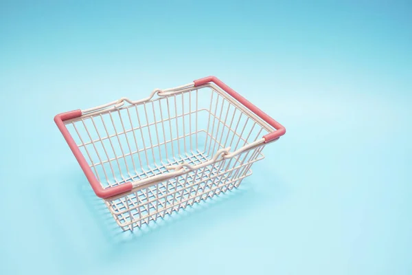 Pink empty shopping basket with space copy on blue background