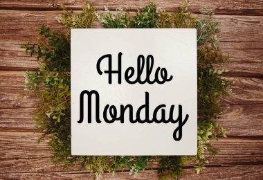 Merhaba Pazartesi mesajı yeşil yapraklı ahşap arka planda