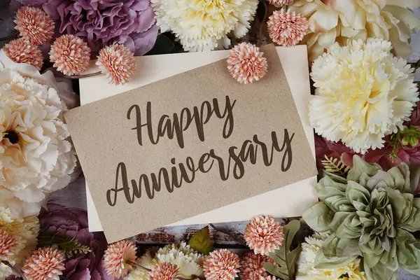 Happy Anniversary Text Message Paper Card Flowers Border Frame Wood Stok Foto