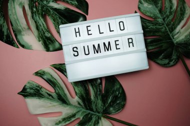 Hello Summer word in lightbox with Monstera Leaves on pink background