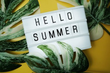 Hello Summer word in lightbox with Monstera Leaves on yellow background