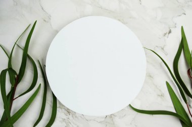 Mermer zemin üzerine beyaz yuvarlak podyum ürün sunumu kavramı