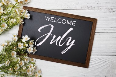 Kara zemin üzerinde çiçek süslemesi olan karatahta Temmuz ayına hoş geldiniz metni