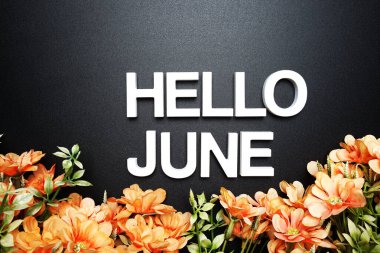Merhaba June alfabe harfi. Siyah arkaplanda çiçek süslemesi var.