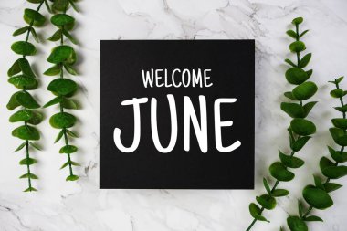 Ökaliptüs yaprağı dekorasyonlu kağıt kart üzerine haziran metnini mermer zemin üzerinde karşıla