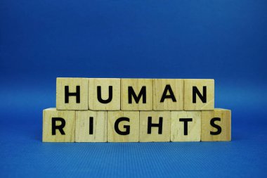 İnsan Hakları alfabesi harfleri ahşap bloklar alfabe harfleri ve mavi arka planda Gavel.