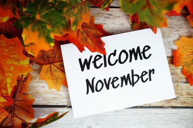 Ahşap arkaplanda akçaağaç yaprağı dekoltesi olan Kasım ayına hoş geldiniz metni